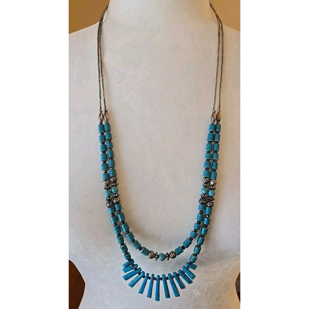 VTG Silver/Torquoise Beaded Double Strand Necklace Twist Closure Metal Strand